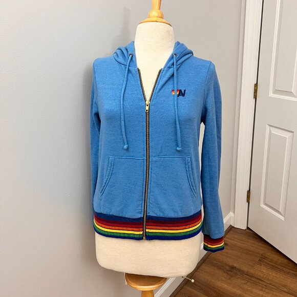 EUC Aviator Nation Rainbow Rib Zip Hoodie Light Blue Sz XS - Picture 2 of 12